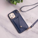 Dark Blue Leather Wallet Case with Card Slot and Lanyard - كفر مع محفظة للبطاقات والكاش وخيط علاقة