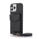Black Leather Case with Mirror, Card Wallet and Strap Lanyard - كفر جلد مع محفظة للبطاقات ومرايا وخيط علاقة