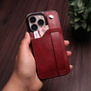 Maroon Leather Case with Card Slot and Strap Grip - كفر ومحفظة ومسكة وستاند