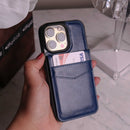 Dark Blue Leather Phone Case with Wallet Card - كفر مع محفظة للبطاقات والنقود وستاند جانبي