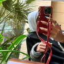 Red Leather Case with Grip, Card Slot and Strap Lanyard - كفر جلد مع مسكة ومحفظة للبطاقات والنقود وخيط سلسة علاقة