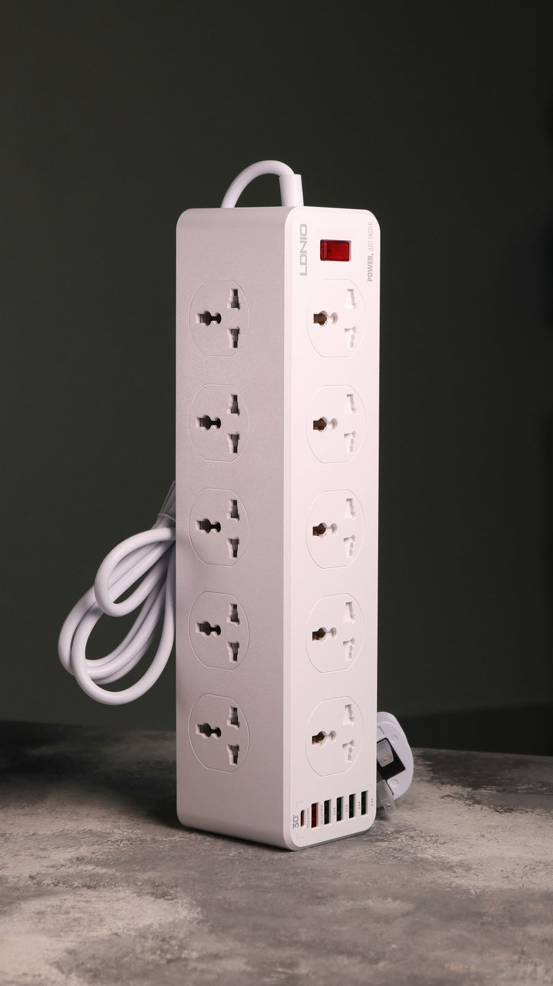 LDNIO Charger Power Strip With 10 Outlets - 30W - 6-Port USB Wall Charger Adapter - موزع شاحن حائط دولي - 10 مخارج كهرباء + 6 مخارج للشحن - قوة 30 واط - كفالة 12 شهر