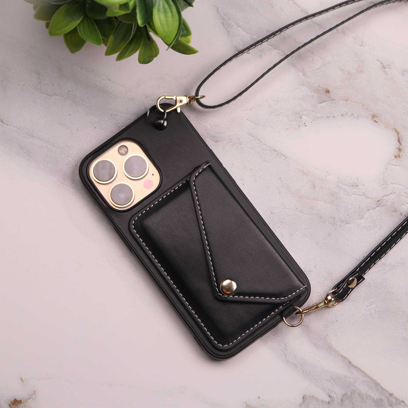 Black Leather Wallet Case with Card Slot and Lanyard - كفر مع محفظة للبطاقات والكاش وخيط علاقة