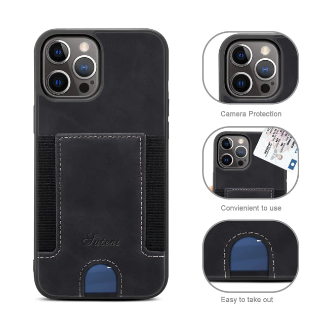 Black Leather Case with Back Card Slots - كفر جلد مع محفظة للبطاقات بالخلف