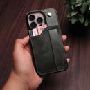 Dark Green Leather Case with Card Slot and Strap Grip - كفر ومحفظة ومسكة وستاند