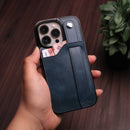 Dark Blue Leather Case with Card Slot and Strap Grip - كفر ومحفظة ومسكة وستاند