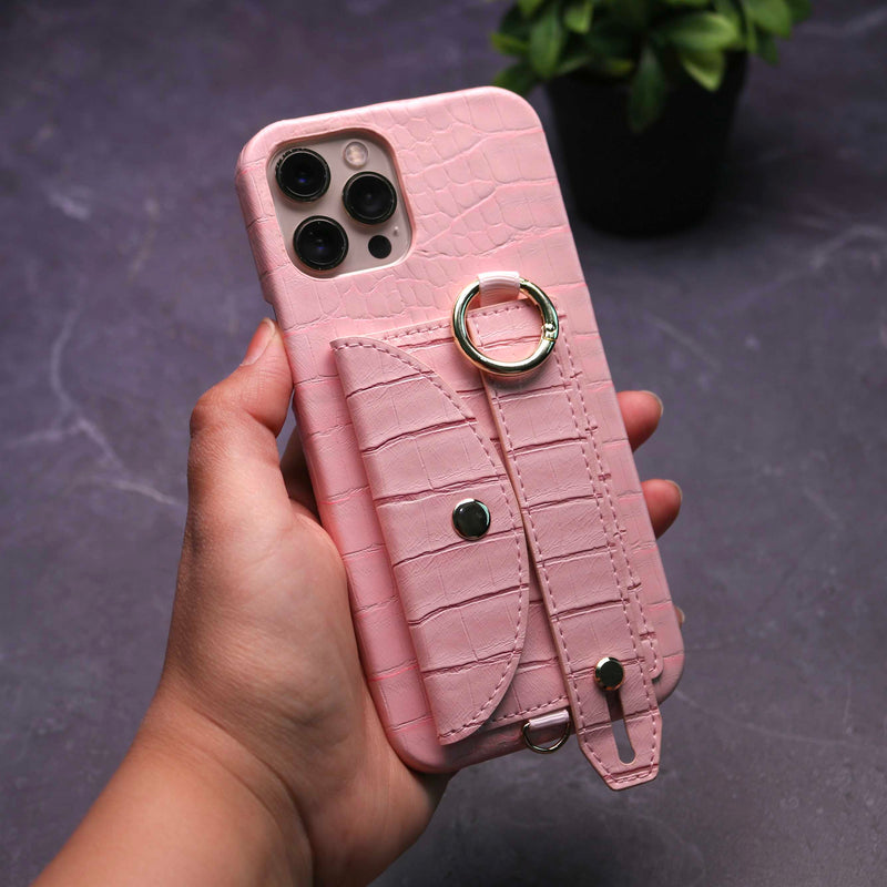 Pink Crocodile Pattern Wallet Case with Grip - كفر مع ستاند و مسكة شريطة وميدالية ومحفظة للبطاقات