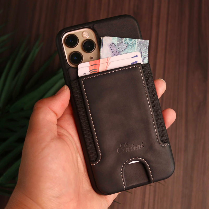 Black Leather Case with Back Card Slots - كفر جلد مع محفظة للبطاقات بالخلف