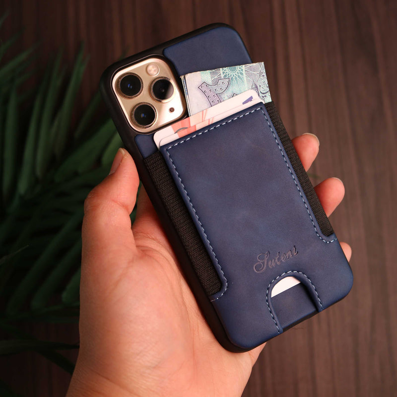 Blue Leather Case with Back Card Slots - كفر جلد مع محفظة للبطاقات بالخلف