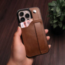 Dark Brown Leather Case with Card Slot and Strap Grip - كفر ومحفظة ومسكة وستاند
