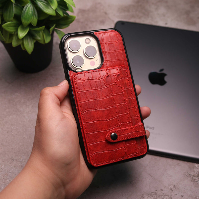 Crocodile Leather Case with Card Slot and Stand - Red -  كفر جلد مع محفظة للبطاقات والنقود وستاند
