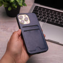 Leather Case with Two Back Card Slot - Dark Blue - كفر جلد مع محفظة للبطاقات والنقود
