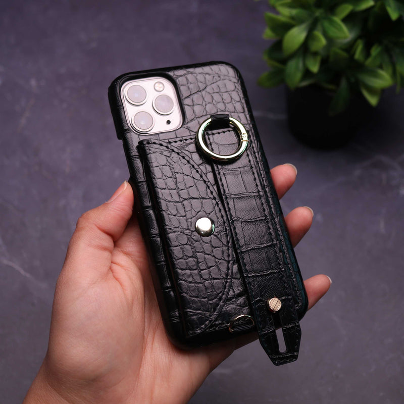 Black Crocodile Pattern Wallet Case with Grip - كفر مع ستاند و مسكة شريطة وميدالية ومحفظة للبطاقات