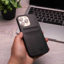 Leather Case with Two Back Card Slot - Black - كفر جلد مع محفظة للبطاقات والنقود