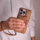 Brown Wallet Case with Lanyard and Zipper - كفر مع محفظة للبطاقات والكاش والخردة وخيط علاقة
