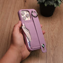 Leather Case with Card Slot and Wrist Strap - Purple - كفر مع محفظة للبطاقات ومسكة شريطة وستاند