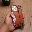 Leather Case with Card Slot and Wrist Strap - Brown - كفر مع محفظة للبطاقات ومسكة شريطة وستاند