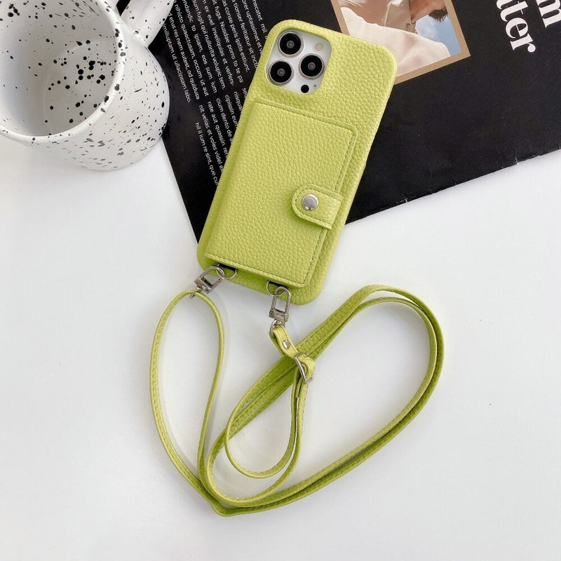 Light Green Case with Card Wallet and Strap Lanyard - كفر جلد مع محفظة للبطاقات وخيط علاقة