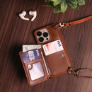 Brown Leather Wallet Phone Case with Lanyard Strap - كفر حماية مع محفظة للبطاقات والفلوس وخيط علاقة