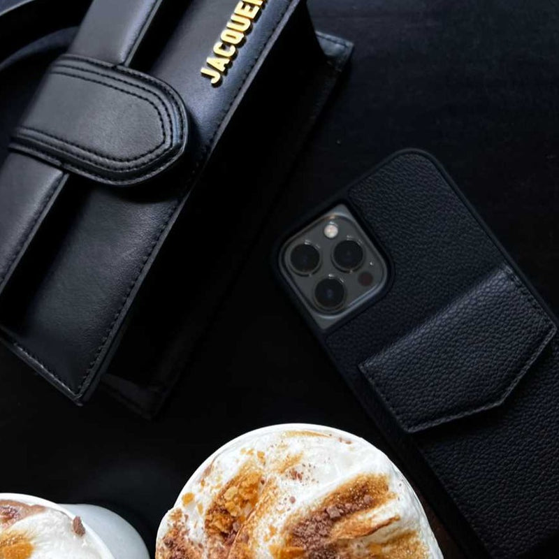 Black Leather Case with Mirror, Card Wallet and Strap Lanyard - كفر جلد مع محفظة للبطاقات ومرايا وخيط علاقة