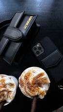 Black Leather Case with Mirror, Card Wallet and Strap Lanyard - كفر جلد مع محفظة للبطاقات ومرايا وخيط علاقة