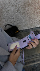 Purple Leather Case with Mirror, Card Wallet and Strap Lanyard - كفر جلد مع محفظة للبطاقات ومرايا وخيط علاقة