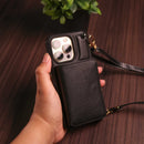 Black Leather Wallet Phone Case with Lanyard Strap - كفر حماية مع محفظة للبطاقات والفلوس وخيط علاقة