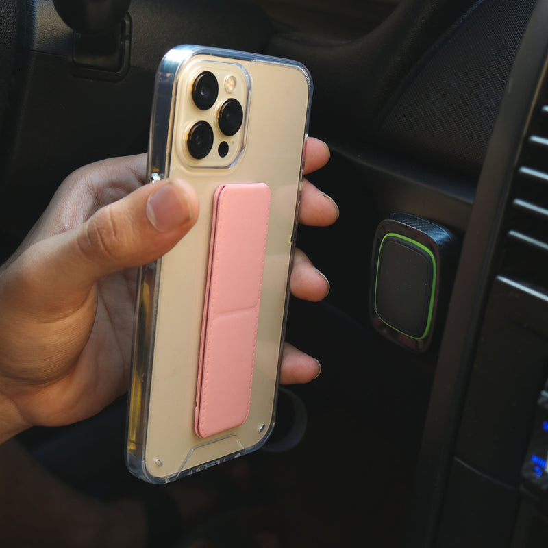 Pink Grip with Clear Case and Grip Horizontal, Vertical and Magnetic Stand - كفر حماية مع مسكة وستاند جانبي ورأسي ومغناطيس للسيارة