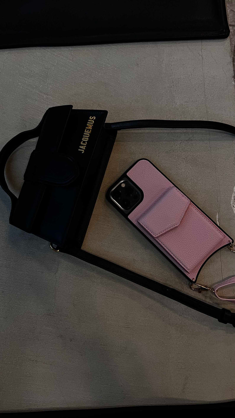 Pink Leather Case with Mirror, Card Wallet and Strap Lanyard - كفر جلد مع محفظة للبطاقات ومرايا وخيط علاقة