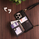Black Leather Wallet Phone Case with Lanyard Strap - كفر حماية مع محفظة للبطاقات والفلوس وخيط علاقة