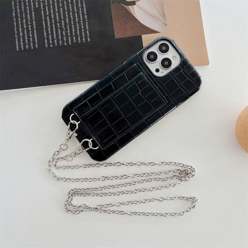 Black Leather Case with Card Slot and Strap Lanyard - كفر جلد مع محفظة للبطاقات والنقود وخيط سلسة علاقة
