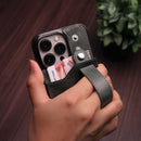 Dark Green Leather Case with Card Slot and Strap Grip - كفر ومحفظة ومسكة وستاند