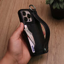 Leather Case with Card Slot and Wrist Strap - Black - كفر مع محفظة للبطاقات ومسكة شريطة وستاند