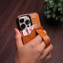 Light Brown Leather Case with Card Slot and Strap Grip - كفر ومحفظة ومسكة وستاند