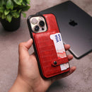 Crocodile Leather Case with Card Slot and Stand - Red -  كفر جلد مع محفظة للبطاقات والنقود وستاند