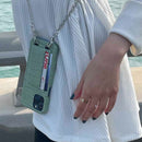 Green Leather Case with Card Slot and Strap Lanyard - كفر جلد مع محفظة للبطاقات والنقود وخيط سلسة علاقة