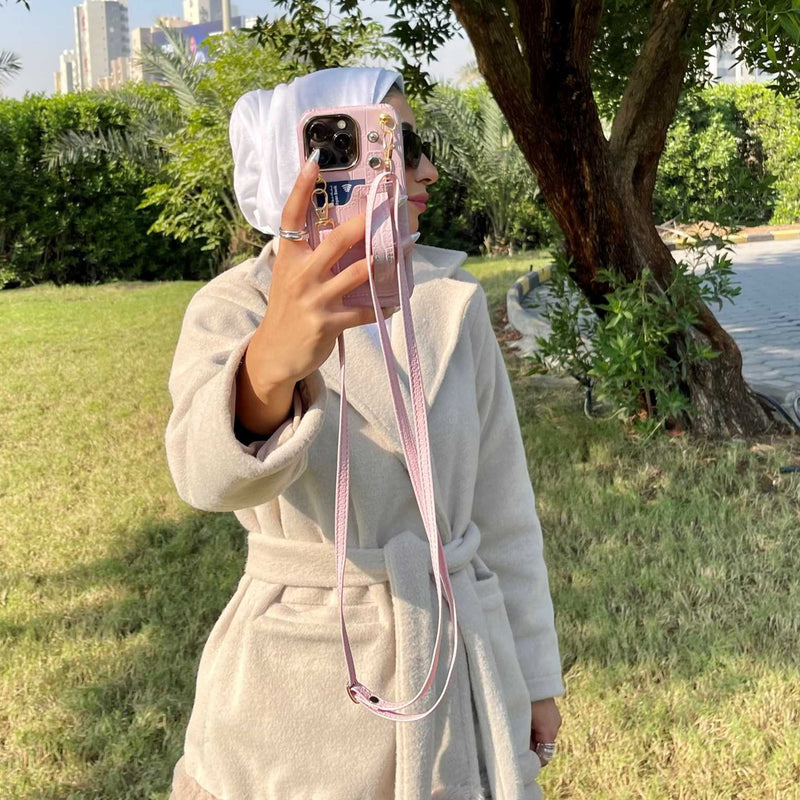 Light Purple Leather Case with Grip, Card Slot and Strap Lanyard - كفر جلد مع مسكة ومحفظة للبطاقات والنقود وخيط سلسة علاقة