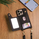 Black Wallet Leather Case with Mirror, Card Slot and Lanyard - كفر مع مراية ومكان للبطاقات وخيط علاقة