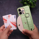 Light Green Crocodile Pattern Wallet Case with Grip - كفر مع ستاند و مسكة شريطة وميدالية ومحفظة للبطاقات