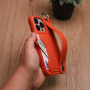 Leather Case with Card Slot and Wrist Strap - Orange - كفر مع محفظة للبطاقات ومسكة شريطة وستاند
