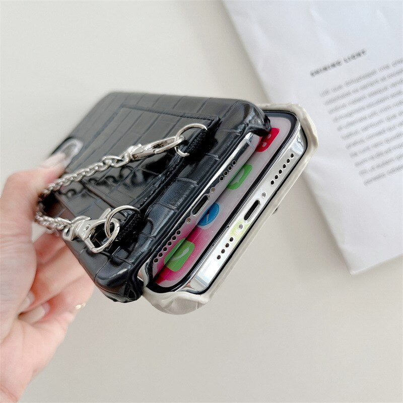 Black Leather Case with Card Slot and Strap Lanyard - كفر جلد مع محفظة للبطاقات والنقود وخيط سلسة علاقة