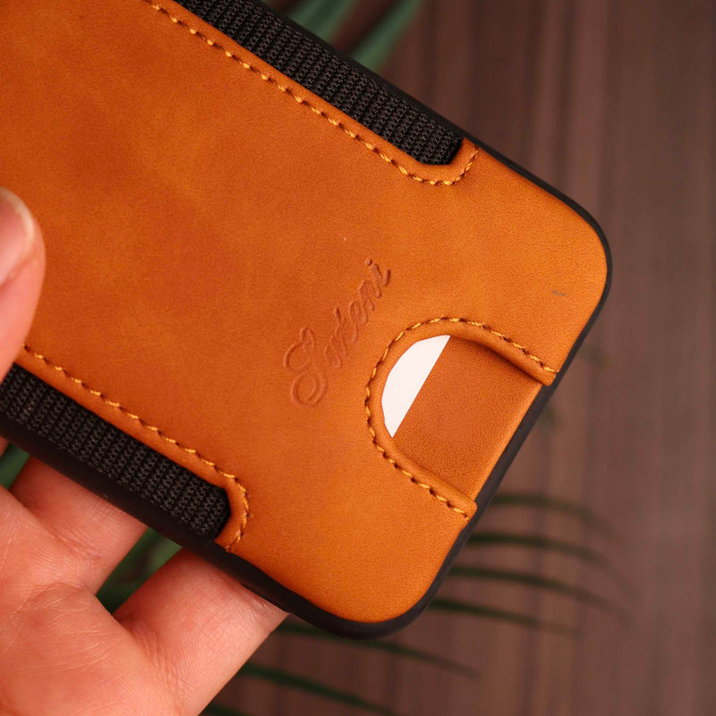 Brown Leather Case with Back Card Slots - كفر جلد مع محفظة للبطاقات بالخلف