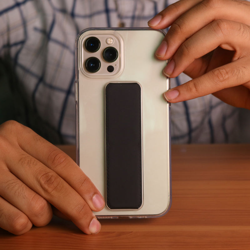 Black Grip with Clear Case and Grip Horizontal, Vertical and Magnetic Stand - كفر حماية مع مسكة وستاند جانبي ورأسي ومغناطيس للسيارة