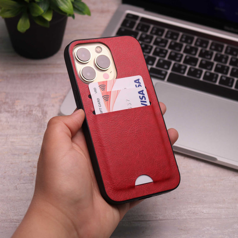 Leather Case with Two Back Card Slot - Red - كفر جلد مع محفظة للبطاقات والنقود