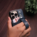 Dark Blue Leather Case with Card Slot and Strap Grip - كفر ومحفظة ومسكة وستاند