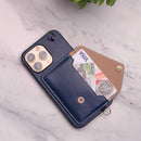 Dark Blue Leather Wallet Case with Card Slot and Lanyard - كفر مع محفظة للبطاقات والكاش وخيط علاقة