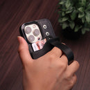 Black Leather Case with Card Slot and Strap Grip - كفر ومحفظة ومسكة وستاند