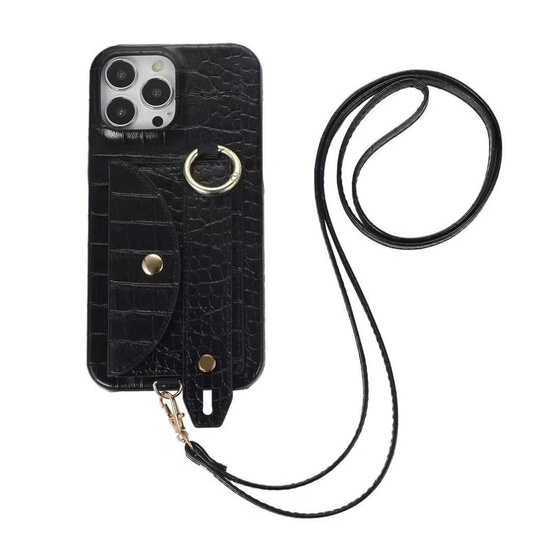 Black Crocodile Pattern Wallet Case with Grip - كفر مع ستاند و مسكة شريطة وميدالية ومحفظة للبطاقات