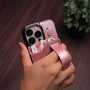 Pink Leather Case with Card Slot and Strap Grip - كفر ومحفظة ومسكة وستاند