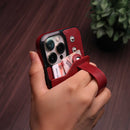 Maroon Leather Case with Card Slot and Strap Grip - كفر ومحفظة ومسكة وستاند